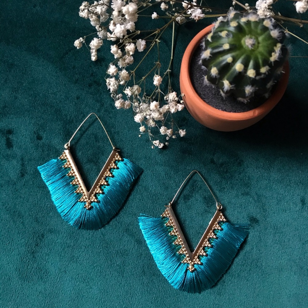 Peacock blue V shape Fringe earrings